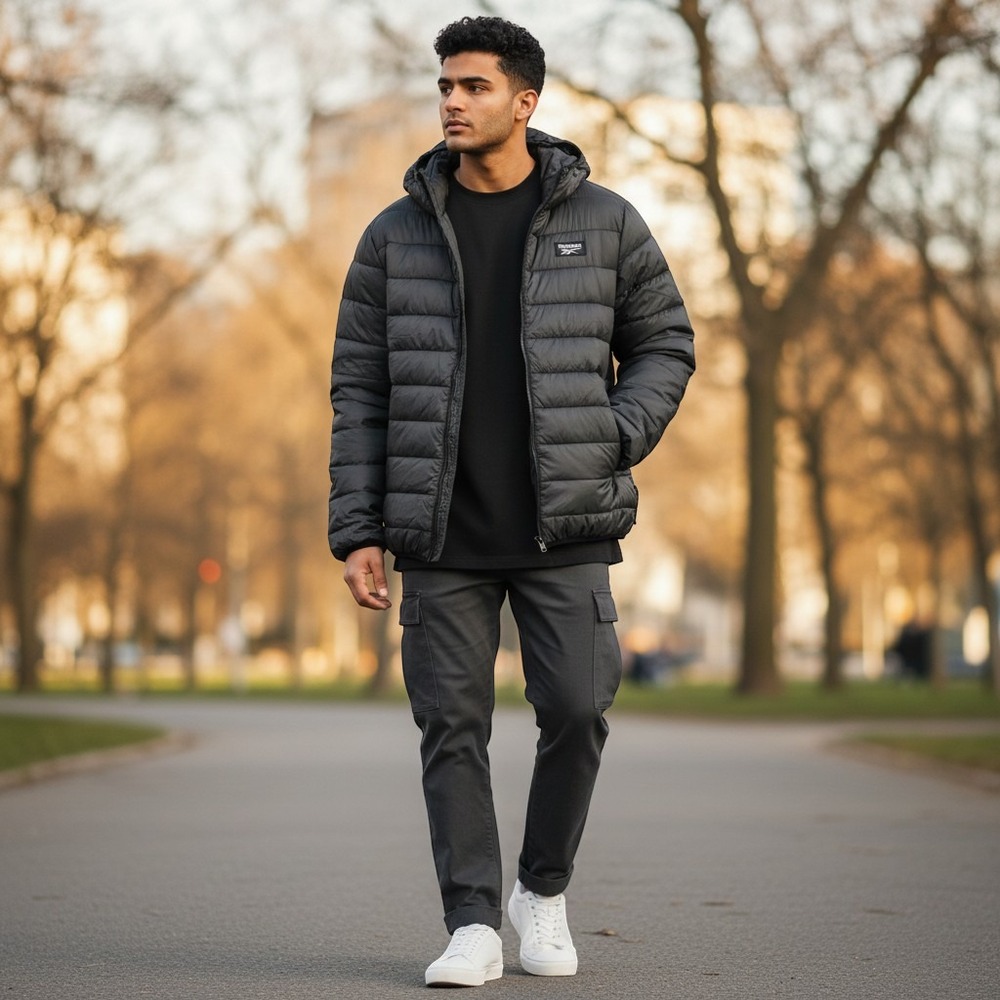 Reebok Puffer Jacket Mens L Charcoal OMRB1639 Hooded Packable Quilted Coat NWT